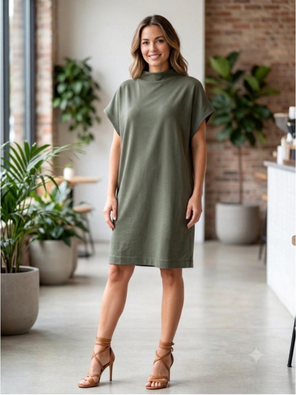 ADAY Mock Neck Midi Dress XL Women Green Scuba Knit Stretch Minimalist Modern